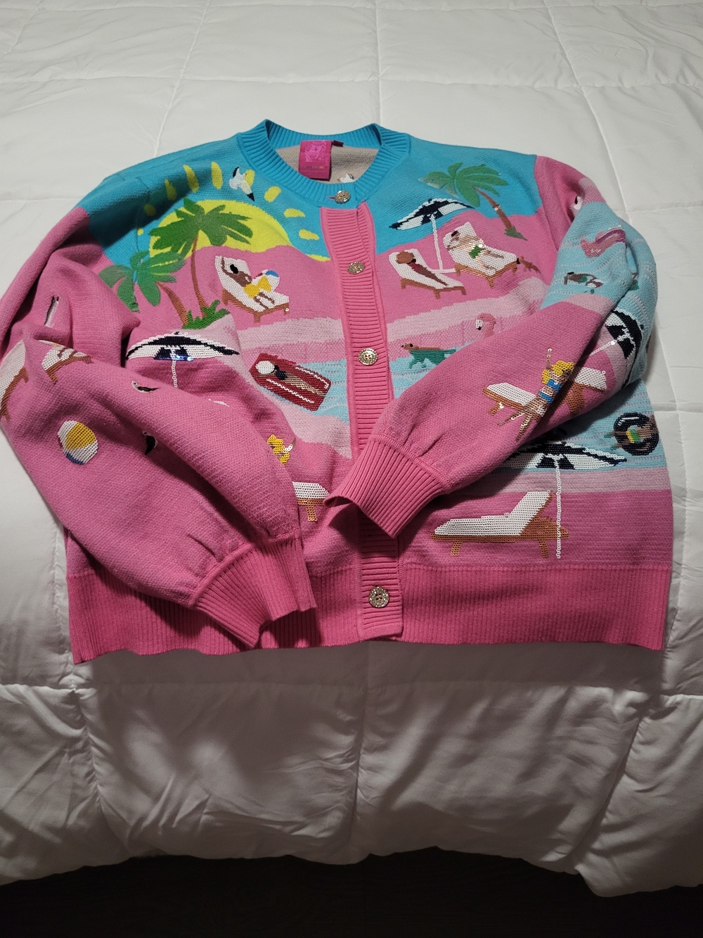 Queen Of Sparkles Pink & Turquoise Beach Scene Cardigan